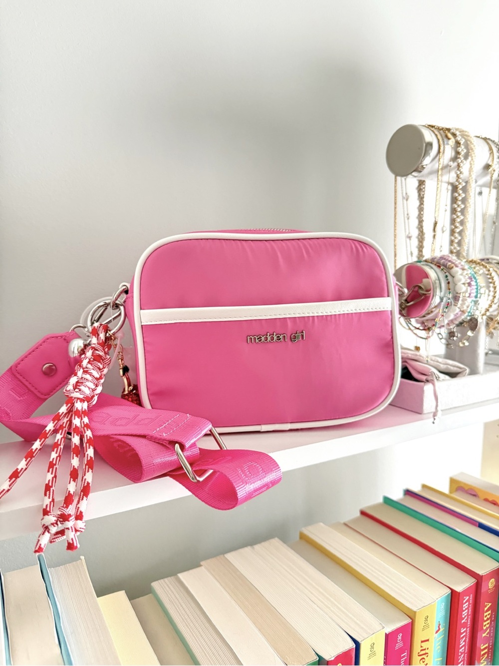 Madden Girl Camera Bag Bright Bubblegum Pink Crossbody Nylon Purse Cherry Char